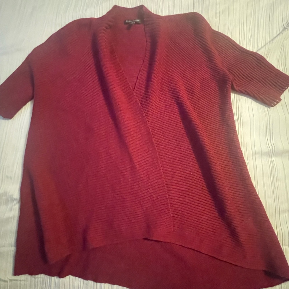 Eileen Fisher cardigan sweater short sleeve maroon open‎ front size medium